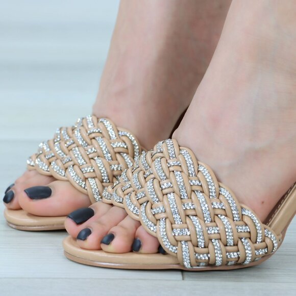 Open Toe High Heel Sandals Nude Braided Rhinestone Band Heeled Mule - Picture 9 of 10